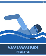 Freestyle swimming is a sport. Male competition. Vector. Icon, pictogram. Summer international sports. Guys are swimming in the pool. Men competition. Symbol of championship, club.