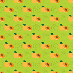 hand drawn seamless apricot fruit and sliced pattern on lime green background. repeating fruit pattern with fruit and leaves.