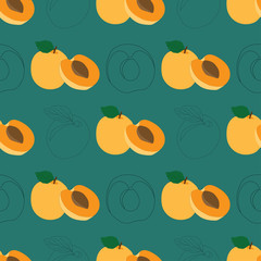 hand drawn seamless apricot fruit and sliced pattern on turquoise background. repeating fruit pattern with fruit and leaves.