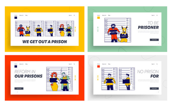 Characters Criminal Mugshot Landing Page Template Set. Identification Photo Front, Side View on Measuring Scale Backdrop in Police Station. Arrested People, Dog with Board. Linear Vector Illustration