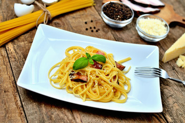 Spaghetti Carbonara pasta, with bacon, parmesan cheese, egg. Pasta alla carbonara.