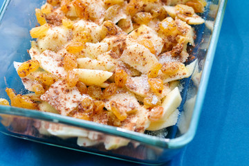 traditional apple pie preparation, healthy eating and home cooking concept