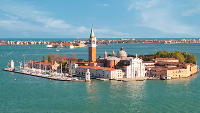 Panoramic view of Isola di San Giorgio. View of Venice Lagune, Italy. Venice landmark.