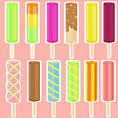 Set of vector illustrations with ice cream, frozen ice on sticke. Cartoon style. Can be used for icons or stickers.