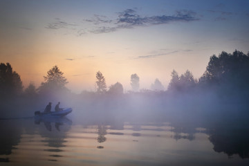 Obraz premium Fishing background. A pair of anglers enjoy.