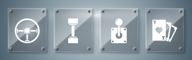 Set Playing card with heart symbol, Joystick for arcade machine, Dumbbell and Steering wheel. Square glass panels. Vector © Oksana
