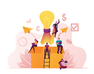 Think Outside Concept. Tiny Male and Female Characters Sitting on Huge Carton Box with Light Bulb, Paper Airplanes and Businessman with Rocket Engine Flying Out. Cartoon People Vector Illustration