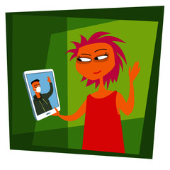 Online communication with friends. life in quarantine. A young girl on self-quarantine. Covid-19. New reality. Normal life in isolation. Vector flat style   illustration.