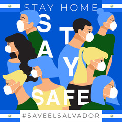 Set of men and women wearing medical mask preventing air pollution and virus with national flag : Stay home, stay safe poster layout : Vector Illustration