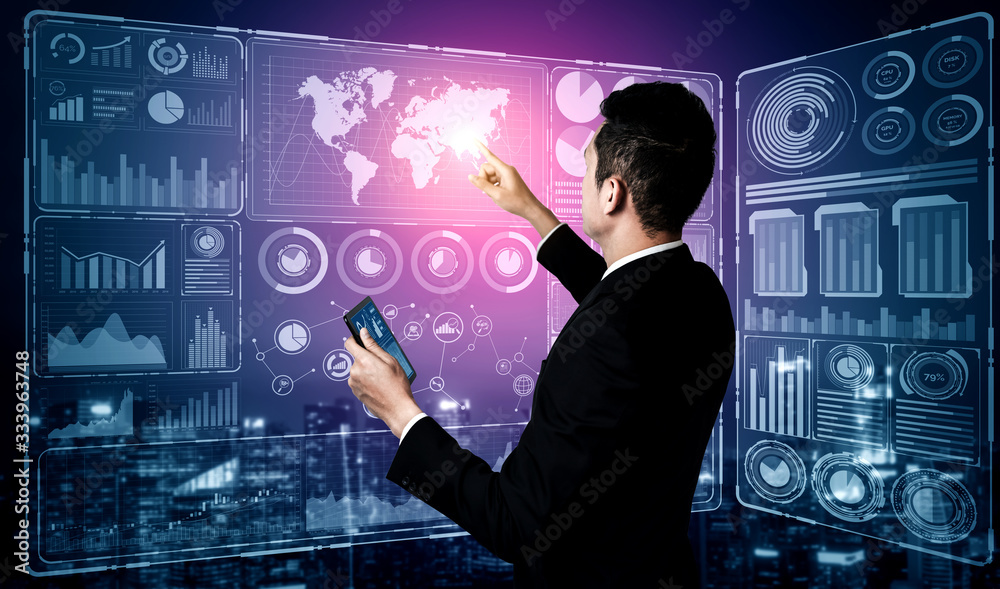 Poster big data technology for business finance analytic concept. modern graphic interface shows massive in