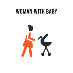Woman with Baby Stroller vector icon on white background. Red and black colored Woman with Baby Stroller icon. Simple element illustration sign symbol EPS