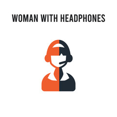 Woman with Headphones and Microphone vector icon on white background. Red and black colored Woman with Headphones and Microphone icon. Simple element illustration sign symbol EPS
