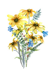Bouquet of wildflowers of blue and yellow color with green sprigs on a white background. Watercolor.