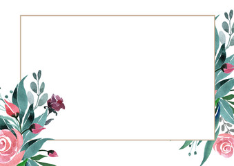 Fototapeta premium Floral arrangement of rose flowers and green twigs on a white background with a square frame. Flowers are located on the right and left sides of the frame. Drawn in watercolor.