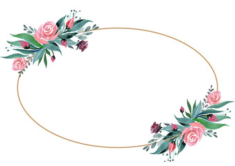 Floral arrangement of rose flowers and green twigs on a white background with an oval frame. Flowers are located in the upper left and lower right corners. Drawn in watercolor.