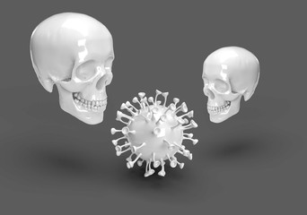 3d skull head with coronavirus covid 19 concept art design