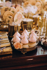 candy bar, sweets, sweets, chocolate, lollipops, cakes and macaroons are laid out on beautiful trays and decorated with flower arrangements