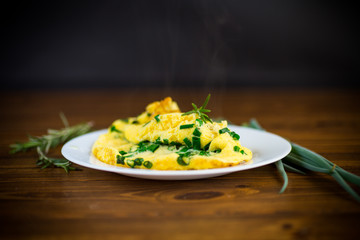 hot fried omelet with chopped green onions in a plate