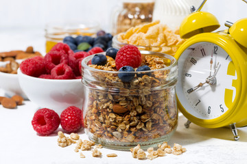 healthy products for breakfast, granola and berries on white background, closeup