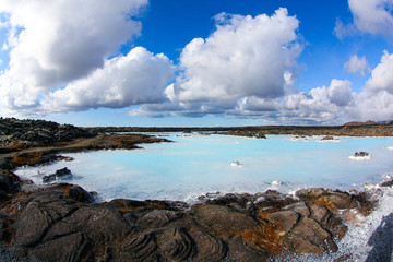 clear water sky blue colors on a lava field. The blue Lagoon in Iceland