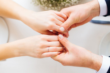 Fototapeta premium top view of newlyweds hands. the bride and groom are holding han
