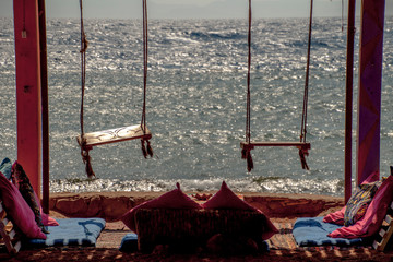 hammocks to the sea in the tranquility of a bar in dahab, egypt, africa, red sea