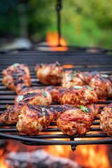 Spicy grilled chicken leg with spices on hot grill