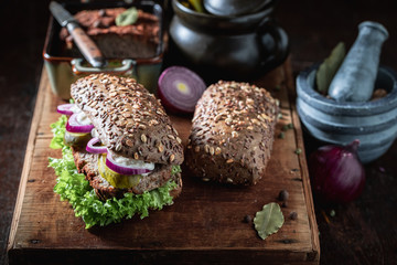 Savory pate sandwich made of fresh ingredients as snack