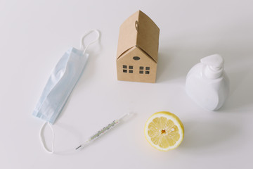 Virus prevention and treatment. Medical mask, hand disinfection, vitamins. Stay home concept. Coronavirus COVID-19 background