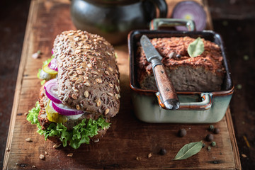 Savory pate sandwich made of cucumbers and onions for breakfast