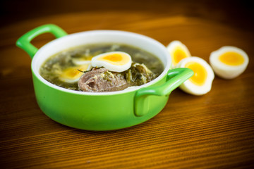 fresh spring organic soup with green sorrel and egg in a plate