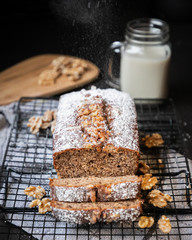 Banana loaf cake and glass of soy milk