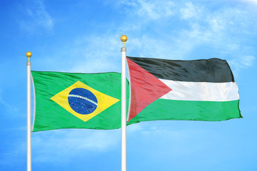Brazil and Palestine two flags on flagpoles and blue cloudy sky