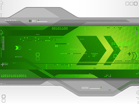 Detailed green and white vector futuristic background with arrows, binary code, flowing lines and abstract shapes.