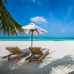 Tropical resort hotel leisure concept, landscape with palm trees over white sand and beach chairs, beds or loungers under umbrella. Luxury travel background banner design