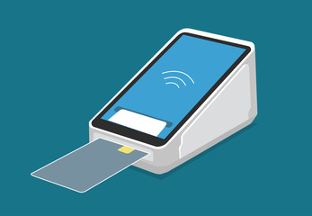 NFC terminal illustration. Pos terminal art. NFC payments concept. Сard payment terminal