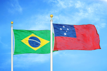 Brazil and Samoa two flags on flagpoles and blue cloudy sky