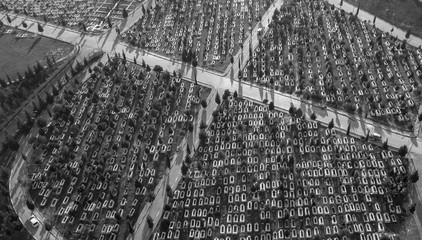 the top view of the cemetery black and white