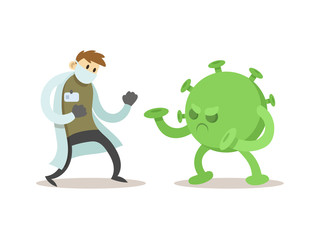 Cartoon doctor fighting big green virus. cure corona virus. Fight covid-19 coronavirus concept. Flat vector illustration, isolated on white background.