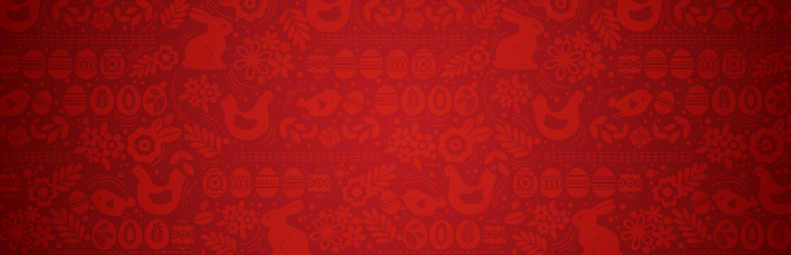 Red Easter banner with eggs with flowers, leafs and rabbit. Easter Day holiday design. Horizontal background, headers, posters, cards, website. Vector illustration.