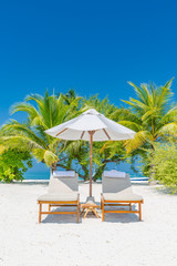 Tropical island beach, loungers or beach beds with umbrella with palm trees background. Luxury summer travel or holiday concept