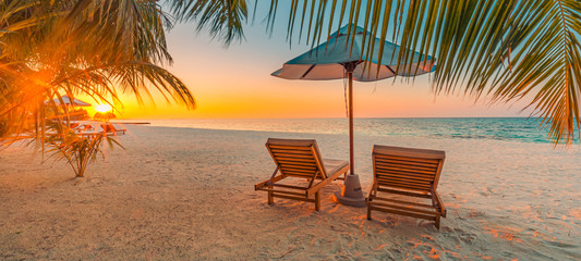Beautiful tropical beach banner. White sand and coco palms travel tourism wide panorama background...