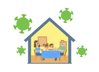 Obraz na płótnie Canvas Family with two kids sitting at the table at home hiding from virus. Stay home during the coronavirus epidemic. Coronavirus outbreak, quarantine concept. Flat vector illustration, isolated.