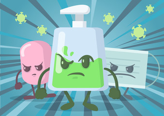 Hand wash gel, soap, and medical mask cartoon hero characters funny composition. Fight coronavirus with health hygiene concept. Flat vector illustration, horizontal.