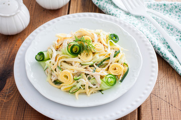 Salad with fresh cucumbers, chicken and fried egg pancakes on a white plate, selective focus