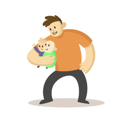 Happy smiling father holding two babies in his arms, cartoon character. Paternity concept. Flat vector illustration, isolated on white background.