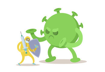 Doctor in protecting costume fighting with big green virus monster. Fight covid-19, coronavirus outbreak concept. Flat vector illustration, isolated on white background.