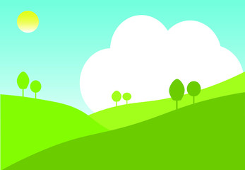 Obraz premium Green hills landscape. Environment with hill clouds,sun and blue sky . Roalling meadow background.