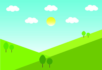 Green hills landscape.  Environment with hill clouds,sun and blue sky . Roalling meadow background.
