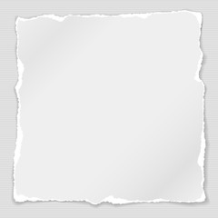 Obraz premium Piece of torn square white note, notebook paper with soft shadow stuck on grey lined background. Vector illustration